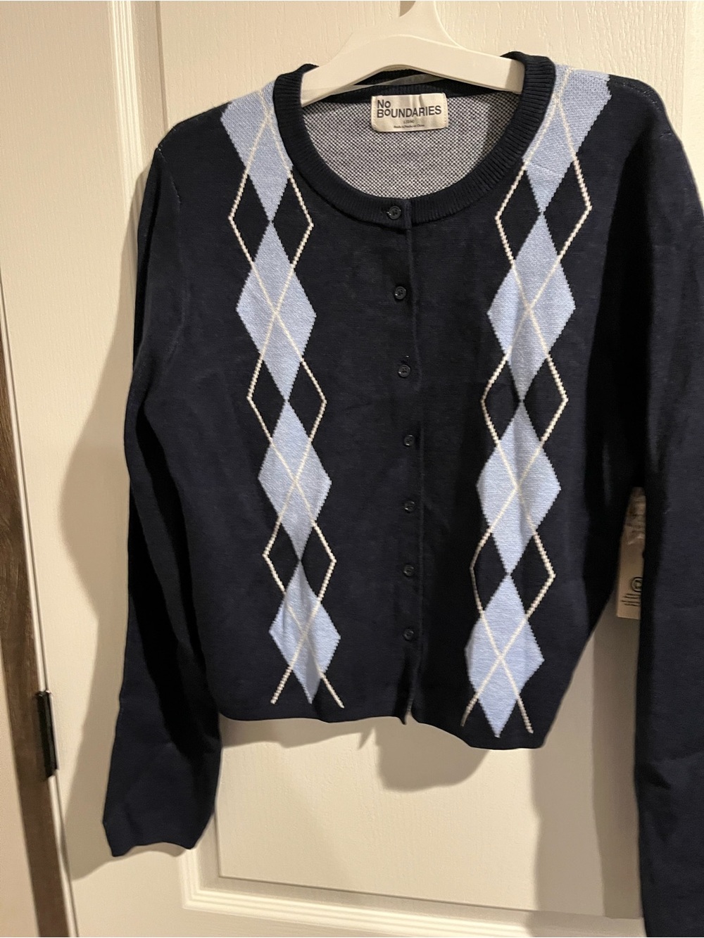 No Boundaries Navy and Light Blue Argyle Button-Front Cardigan